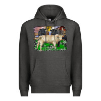 Charcoal Heather charolais bull black angus cattle and bull with barnyard and cowhide Premium Hoodie - RanaPortraitStore