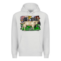 Dove Grey charolais bull black angus cattle and bull with barnyard and cowhide Premium Hoodie - RanaPortraitStore