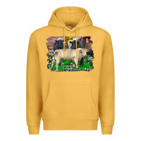 Mustard charolais bull black angus cattle and bull with barnyard and cowhide Premium Hoodie - RanaPortraitStore