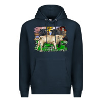 Navy charolais bull black angus cattle and bull with barnyard and cowhide Premium Hoodie - RanaPortraitStore