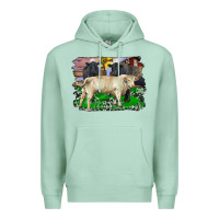 Seafoam charolais bull black angus cattle and bull with barnyard and cowhide Premium Hoodie - RanaPortraitStore
