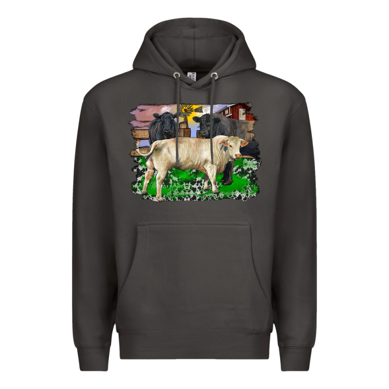 Charolais Bull Black Angus Cattle And Bull With Barnyard And Cowhide Premium Hoodie by RanaPortraitStore | Teevron