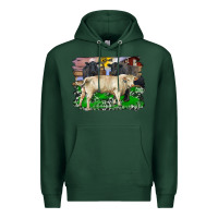 Sports Green charolais bull black angus cattle and bull with barnyard and cowhide Premium Hoodie - RanaPortraitStore