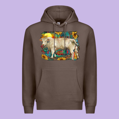 Western Charolais Bull And Aztec Sunflower Background Premium Hoodie Designed By Ranaportraitstore