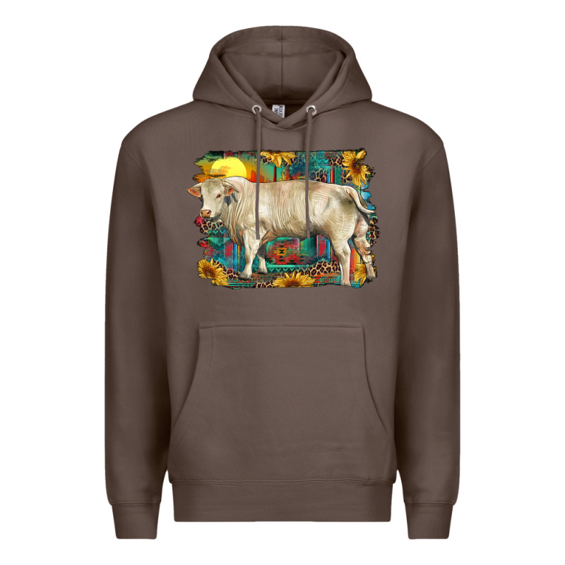 Western Charolais Bull And Aztec Sunflower Background Premium Hoodie by RanaPortraitStore | Teevron