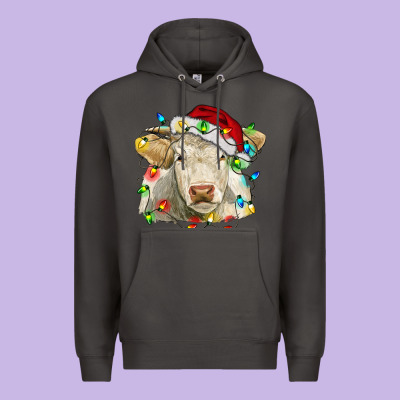 Charolais Cattle Cow With Christmas Lights And Hat Premium Hoodie Designed By Ranaportraitstore