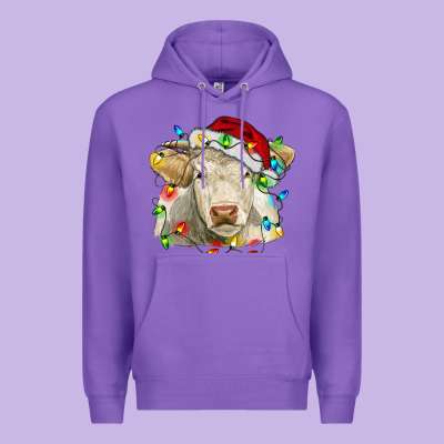 Charolais Cattle Cow With Christmas Lights And Hat Premium Hoodie Designed By Ranaportraitstore