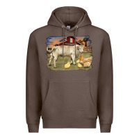 Coffee charolaris bull and chicken in barnyard Premium Hoodie - RanaPortraitStore