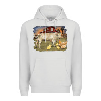 Dove Grey charolaris bull and chicken in barnyard Premium Hoodie - RanaPortraitStore