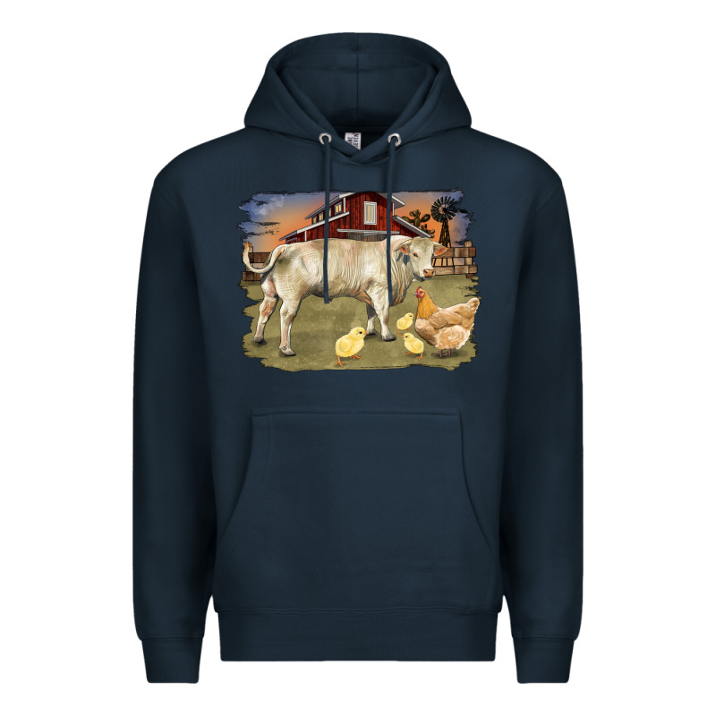 Charolaris Bull And Chicken In Barnyard Premium Hoodie by RanaPortraitStore | Teevron