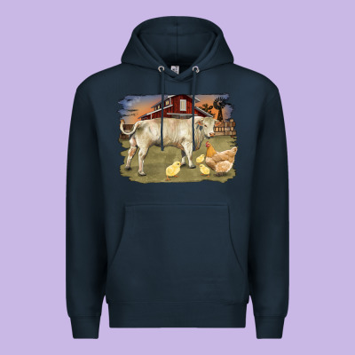Charolaris Bull And Chicken In Barnyard Premium Hoodie Designed By Ranaportraitstore