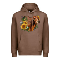 Chestnut brahman bull with sunflowers Premium Hoodie - RanaPortraitStore