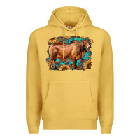 Antique Gold brahman bull with aztec sunflower and leopard background Premium Hoodie - RanaPortraitStore