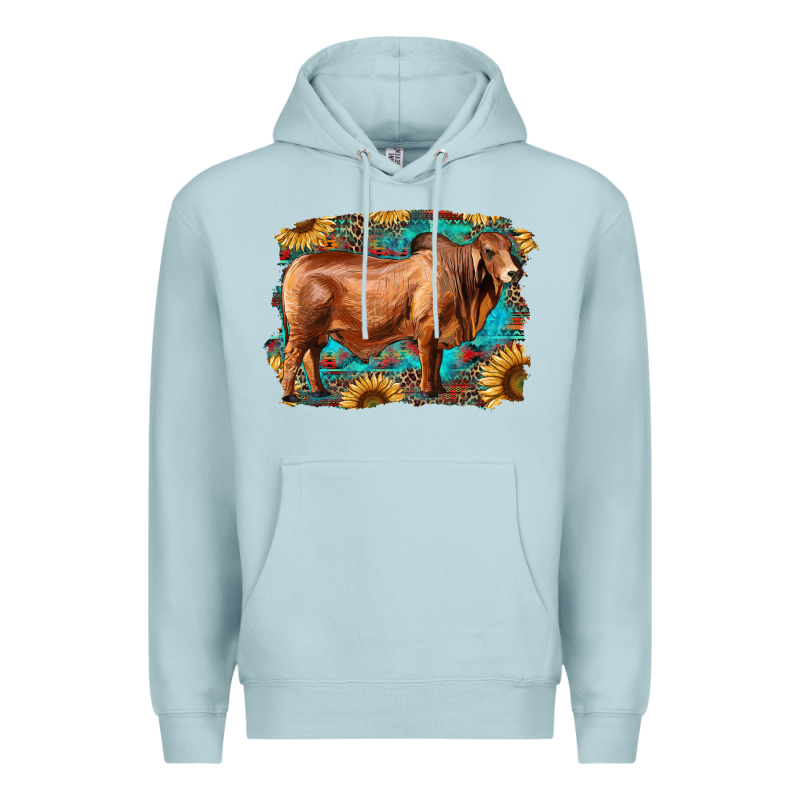 Brahman Bull With Aztec Sunflower And Leopard Background Premium Hoodie by RanaPortraitStore | Teevron