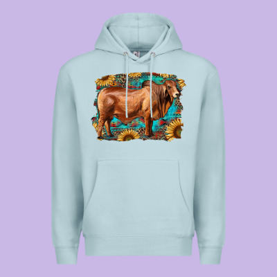 Brahman Bull With Aztec Sunflower And Leopard Background Premium Hoodie Designed By Ranaportraitstore