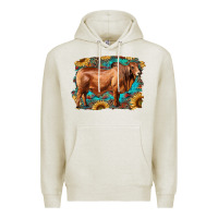 Oatmeal Heather brahman bull with aztec sunflower and leopard background Premium Hoodie - RanaPortraitStore