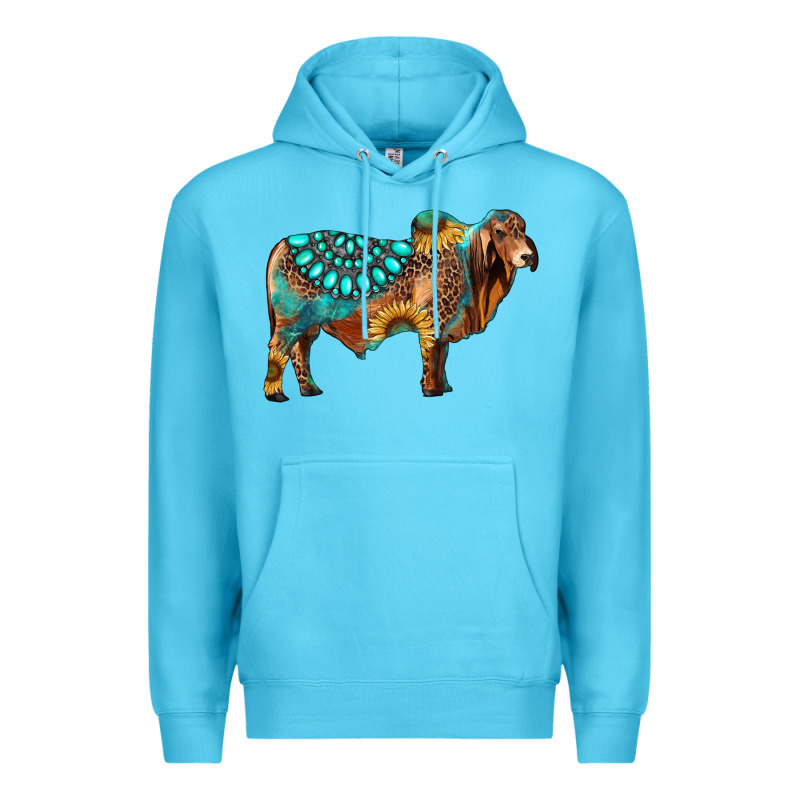 Brahman Bull Gemstone Turquoise And Sunflower Premium Hoodie by RanaPortraitStore | Teevron