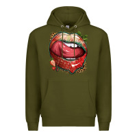Army Green strawberry lips with leopard Premium Hoodie - texasbilliewilder