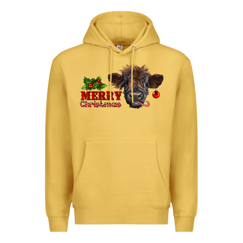 Merry Christmas Highland Calf With Candy Cane Premium Hoodie by RanaPortraitStore | Teevron