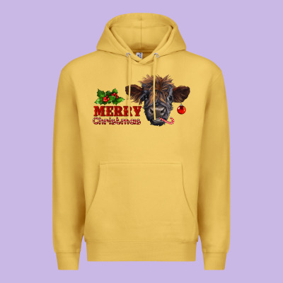 Merry Christmas Highland Calf With Candy Cane Premium Hoodie Designed By Ranaportraitstore
