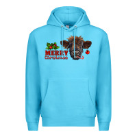 Ocean Blue merry christmas highland calf with candy cane Premium Hoodie - RanaPortraitStore