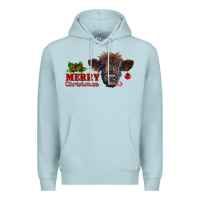 Blue Mist merry christmas highland calf with candy cane Premium Hoodie - RanaPortraitStore