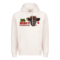 Pale Pink merry christmas highland calf with candy cane Premium Hoodie - RanaPortraitStore