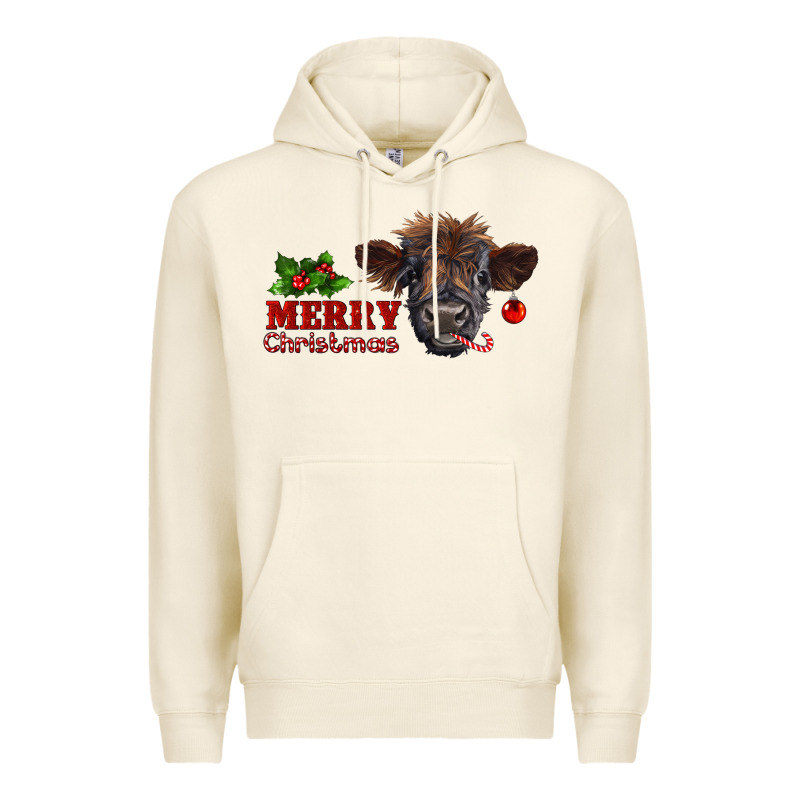 Merry Christmas Highland Calf With Candy Cane Premium Hoodie by RanaPortraitStore | Teevron