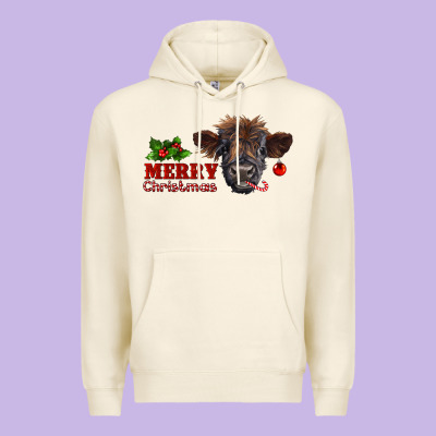 Merry Christmas Highland Calf With Candy Cane Premium Hoodie Designed By Ranaportraitstore