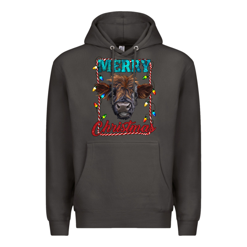 Merry Christmas Highland Calf Baby Cow Premium Hoodie by RanaPortraitStore | Teevron