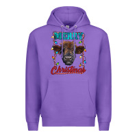 Purple merry christmas highland calf baby cow Premium Hoodie - RanaPortraitStore