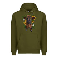 Army Green highland cow with sunflower Premium Hoodie - RanaPortraitStore