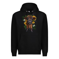 Black highland cow with sunflower Premium Hoodie - RanaPortraitStore