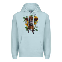 Blue Mist highland cow with sunflower Premium Hoodie - RanaPortraitStore