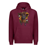 Burgundy highland cow with sunflower Premium Hoodie - RanaPortraitStore
