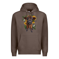 Coffee highland cow with sunflower Premium Hoodie - RanaPortraitStore