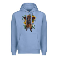 Colony Blue highland cow with sunflower Premium Hoodie - RanaPortraitStore
