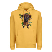 Mustard highland cow with sunflower Premium Hoodie - RanaPortraitStore