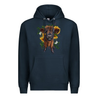 Navy highland cow with sunflower Premium Hoodie - RanaPortraitStore