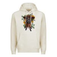 Oatmeal Heather highland cow with sunflower Premium Hoodie - RanaPortraitStore