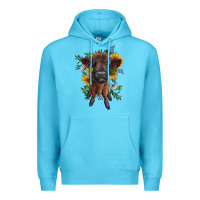 Ocean Blue highland cow with sunflower Premium Hoodie - RanaPortraitStore
