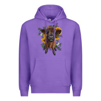 Purple highland cow with sunflower Premium Hoodie - RanaPortraitStore