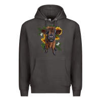 Smoke highland cow with sunflower Premium Hoodie - RanaPortraitStore