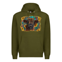 Army Green highland cow calf with western background Premium Hoodie - RanaPortraitStore