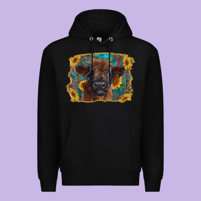 Highland Cow Calf With Western Background Premium Hoodie Designed By Ranaportraitstore