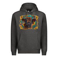 Charcoal Heather highland cow calf with western background Premium Hoodie - RanaPortraitStore