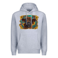 Heather Grey highland cow calf with western background Premium Hoodie - RanaPortraitStore