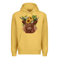 Antique Gold highland cow with sunflowers Premium Hoodie - RanaPortraitStore