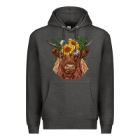 Charcoal Heather highland cow with sunflowers Premium Hoodie - RanaPortraitStore
