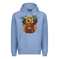 Colony Blue highland cow with sunflowers Premium Hoodie - RanaPortraitStore